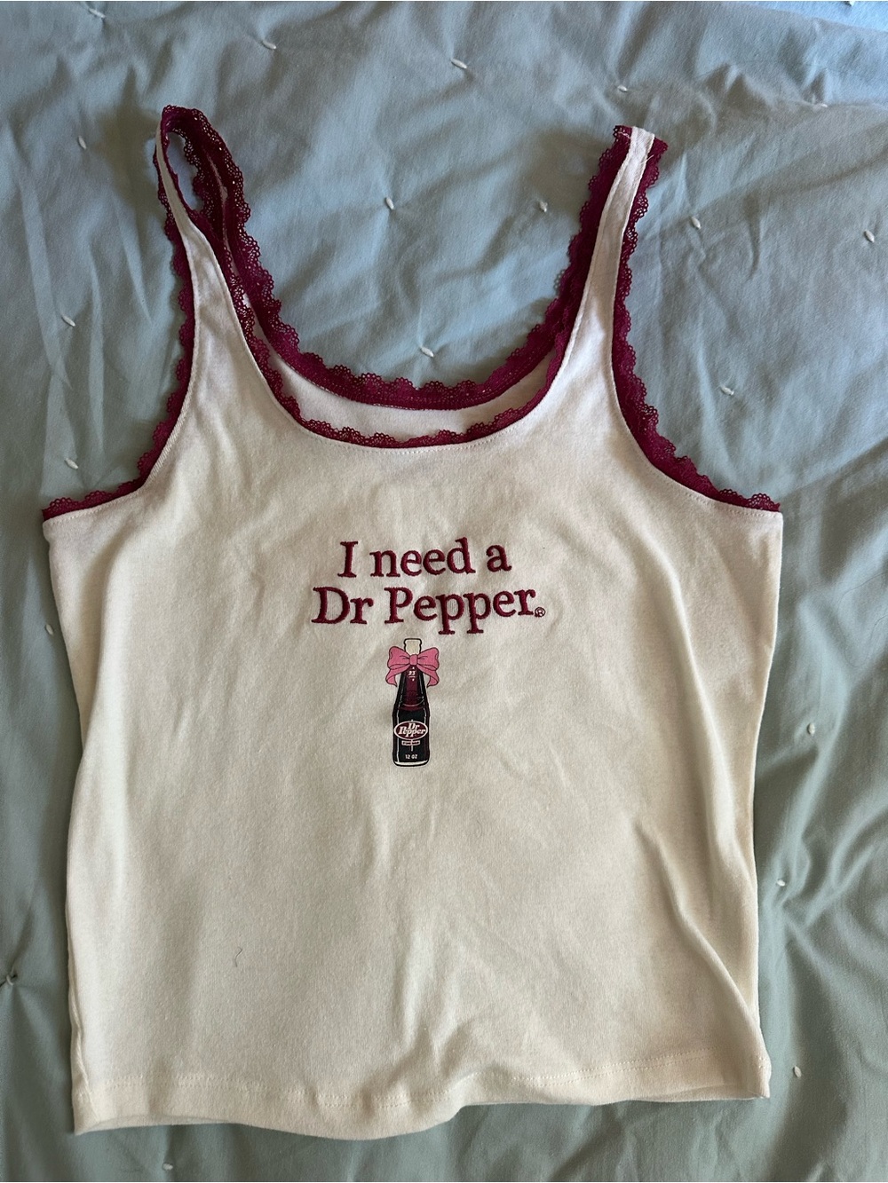 Dr Pepper Graphic Cropped Tank with Maroon Lace